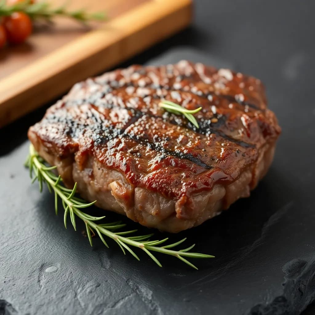 Close-up of cooked steak on a black stone surface with rosemary and a wooden tray in the background