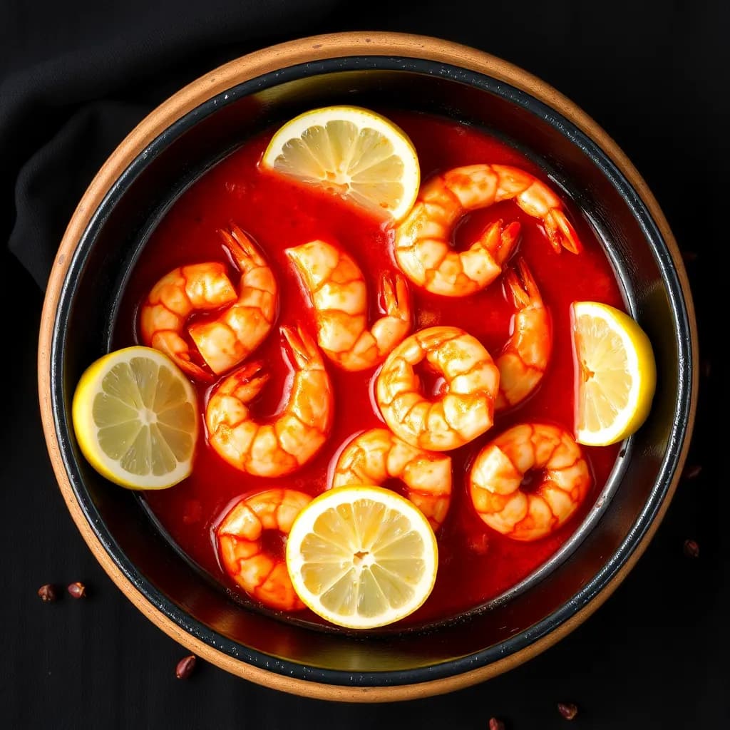 Shrimp cooked in red sauce in a black pan with lemon wedges and red peppercorns on a black cloth