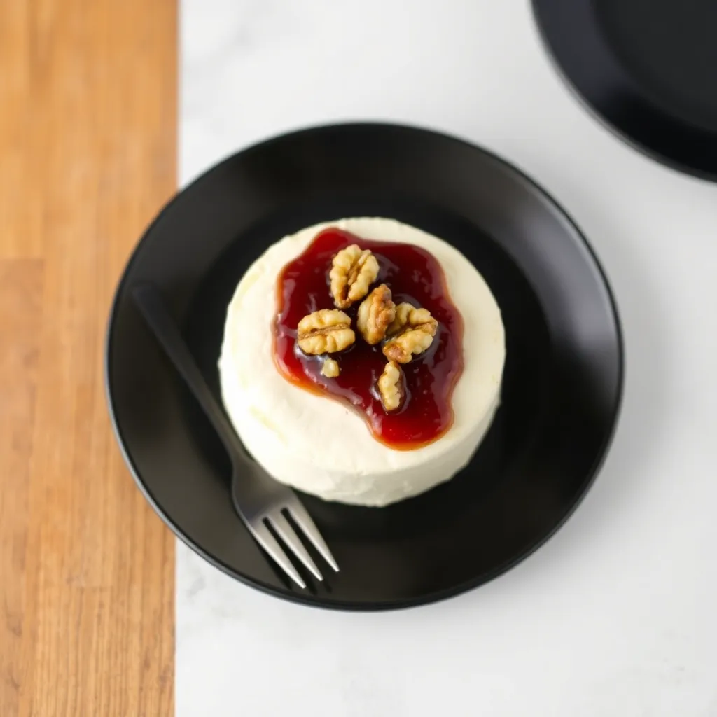 Round cheese topped with walnuts and jam on a black plate with a fork on the side